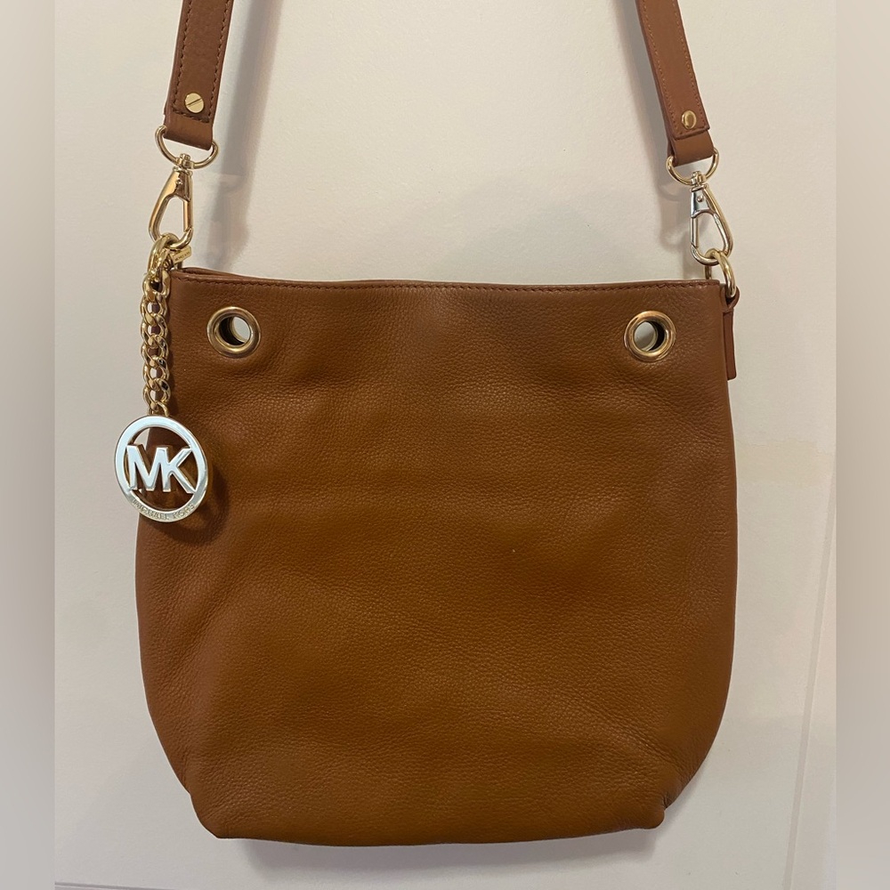 Michael Kors Brown Leather Shoulder Bag with Gold MK Charm